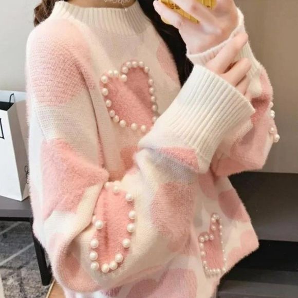 Pearl Beaded Heart Knit Turtleneck Sweater Pullover Women Top - Picture 9 of 10
